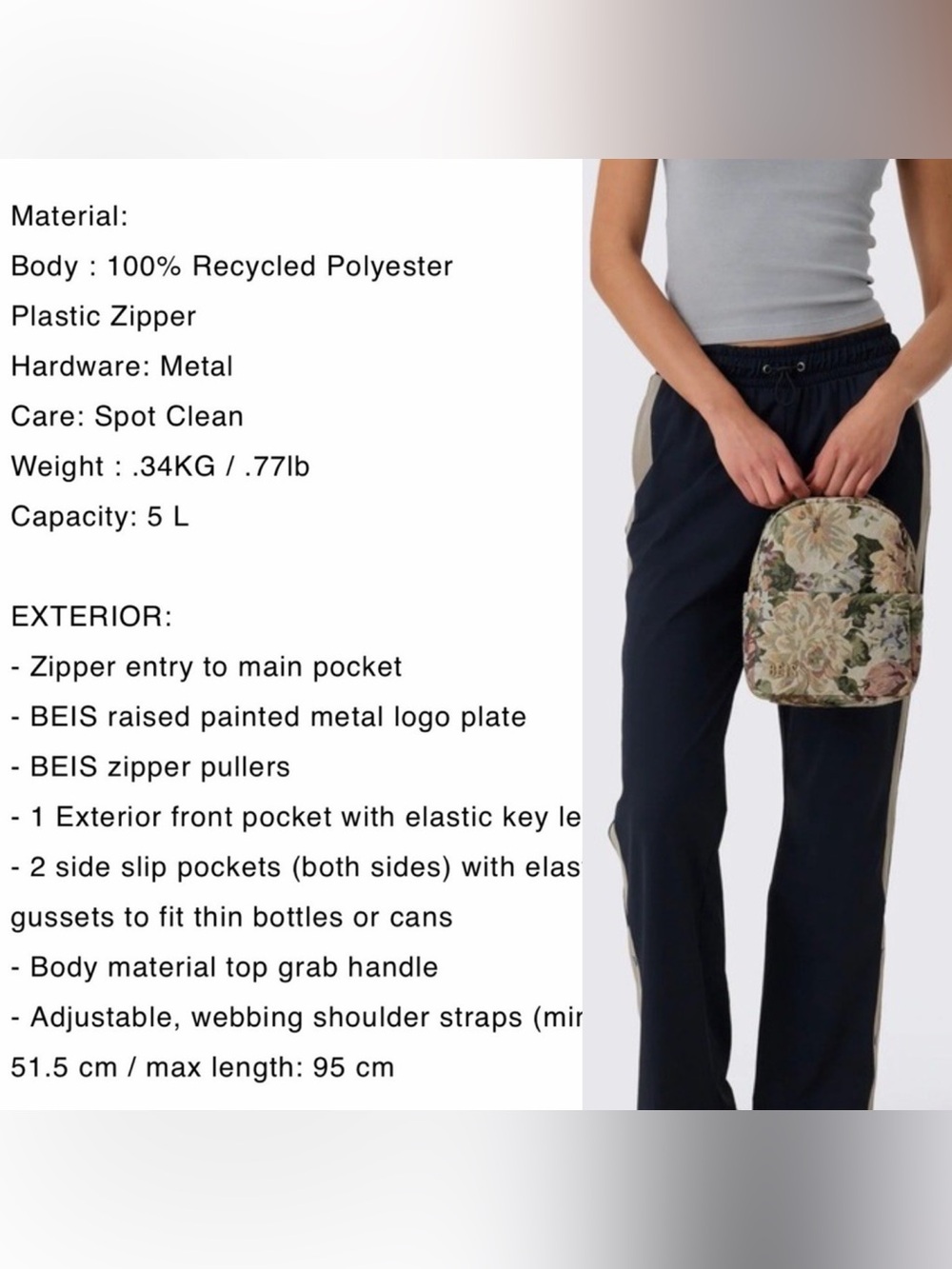 BEIS Mini Backpack in Vintage Floral - Green, Cream, Pink.